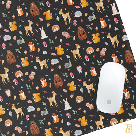Watercolour woodland animals on a dark background extra large Desk Mat