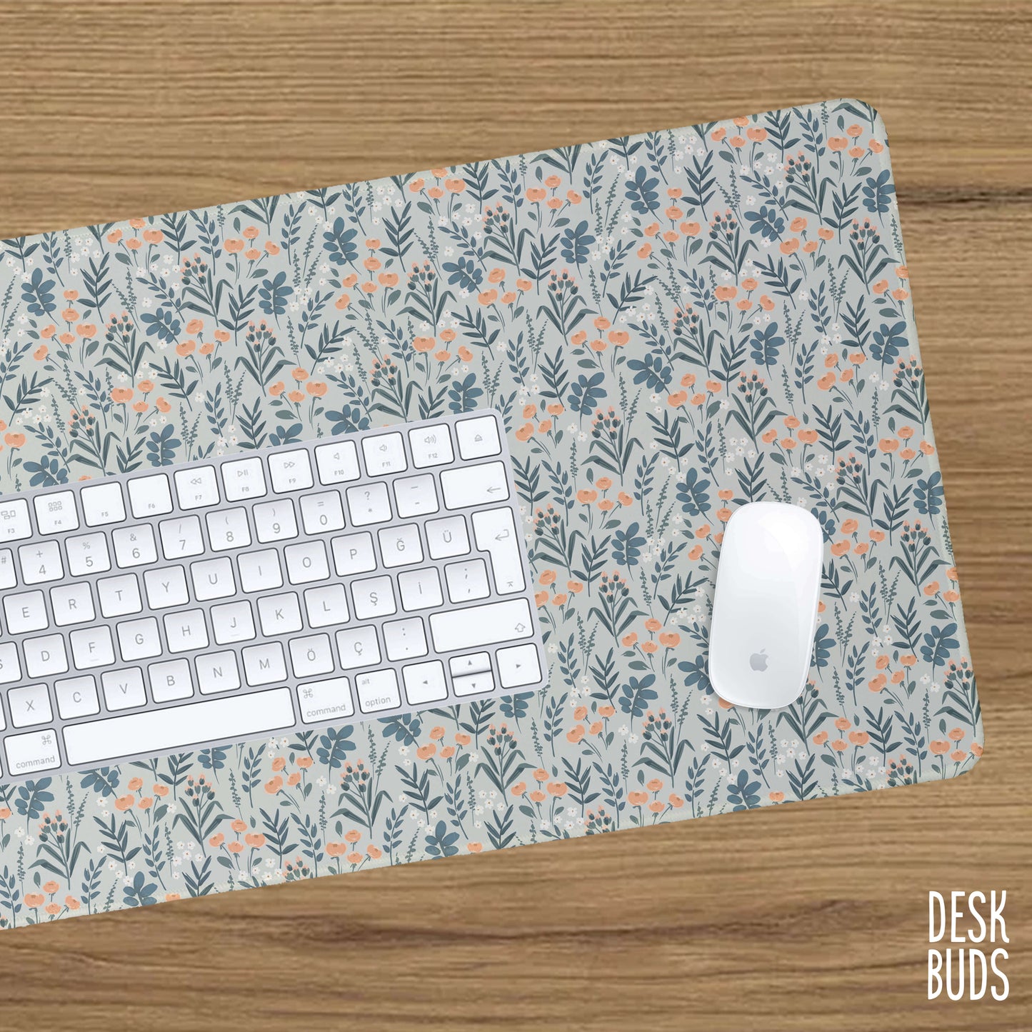 Light grey floral extra large desk mat 80cm x 30cm