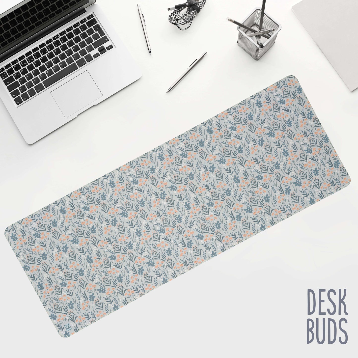 Light grey floral extra large desk mat 80cm x 30cm