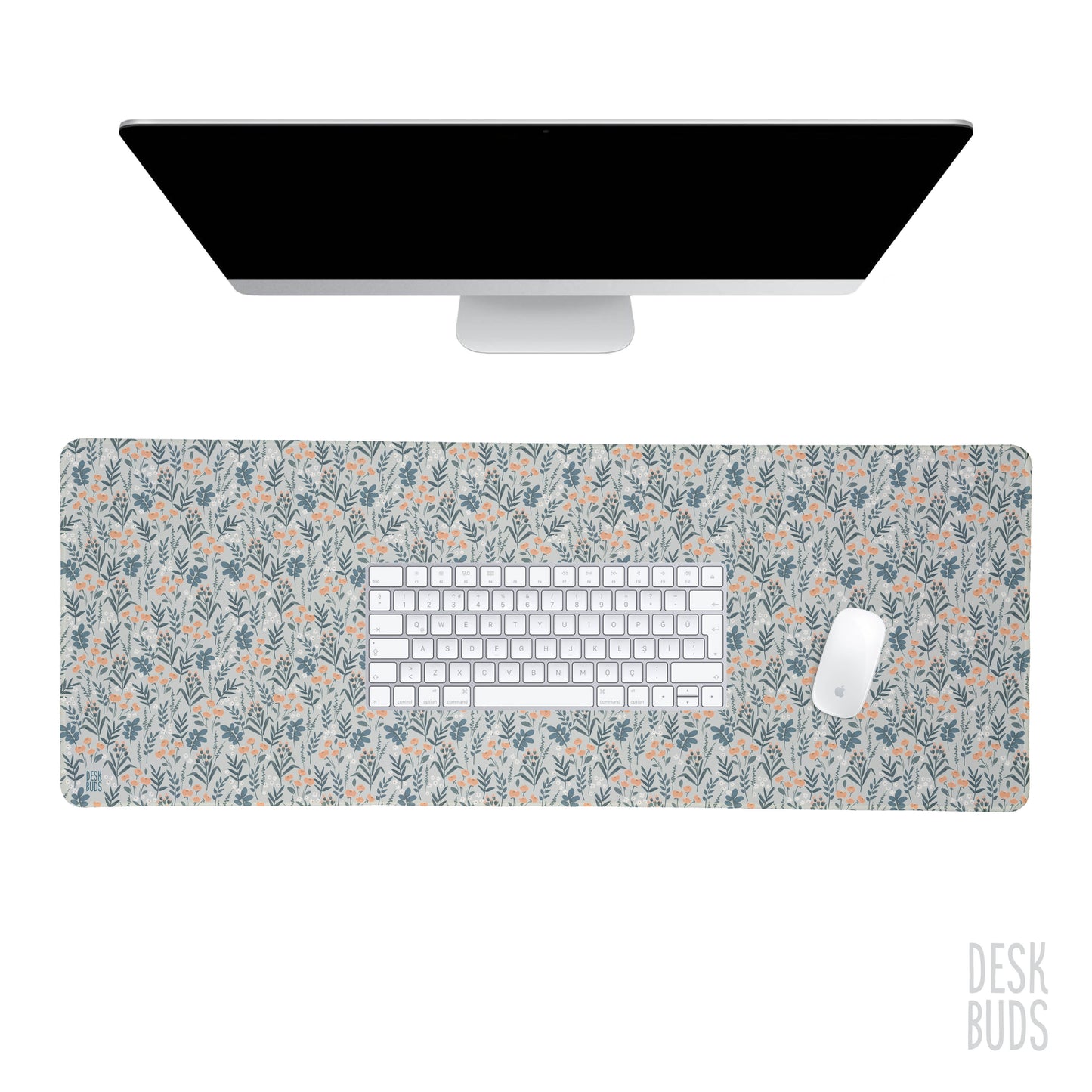 Light grey floral extra large desk mat 80cm x 30cm