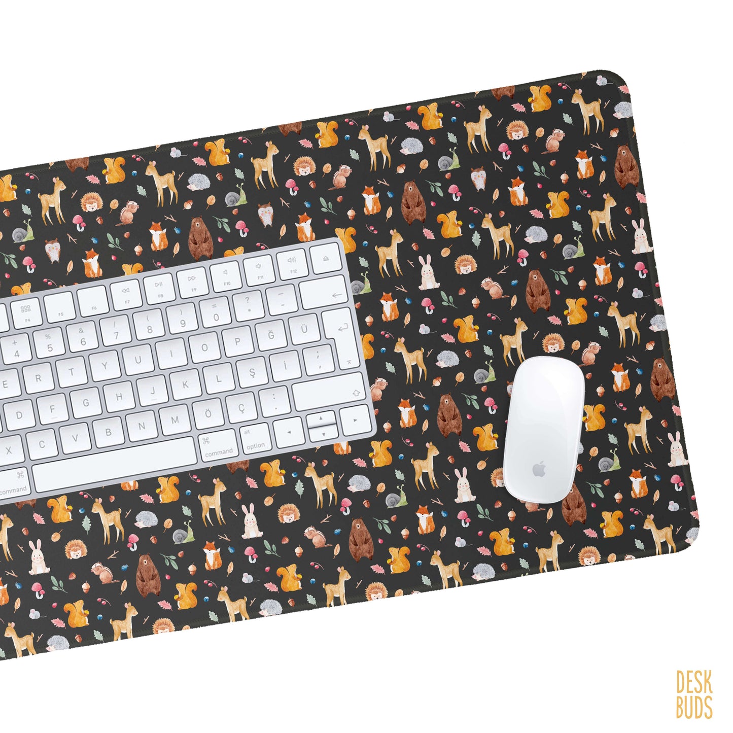 Watercolour woodland animals on a dark background extra large Desk Mat