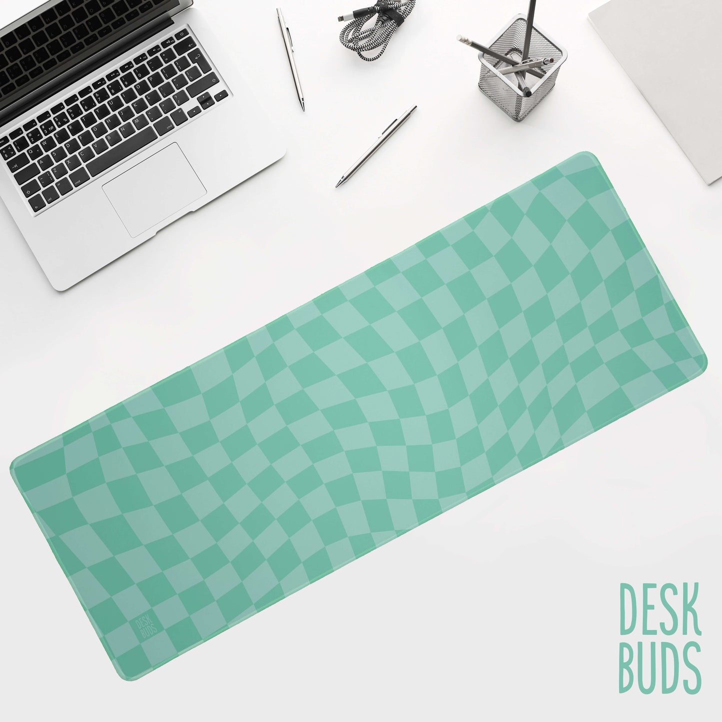 Warped checkerboard desk mat - mint green