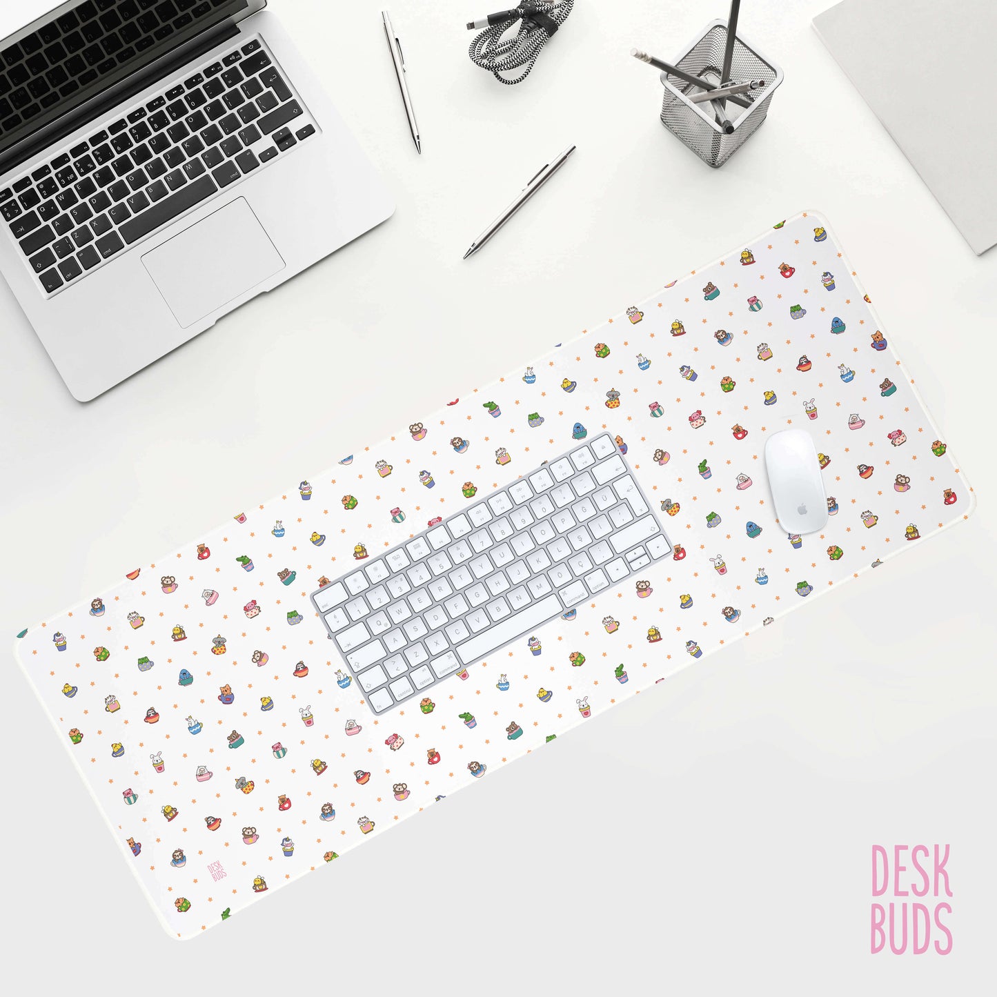 Cute animals in tea cups extra large desk mat