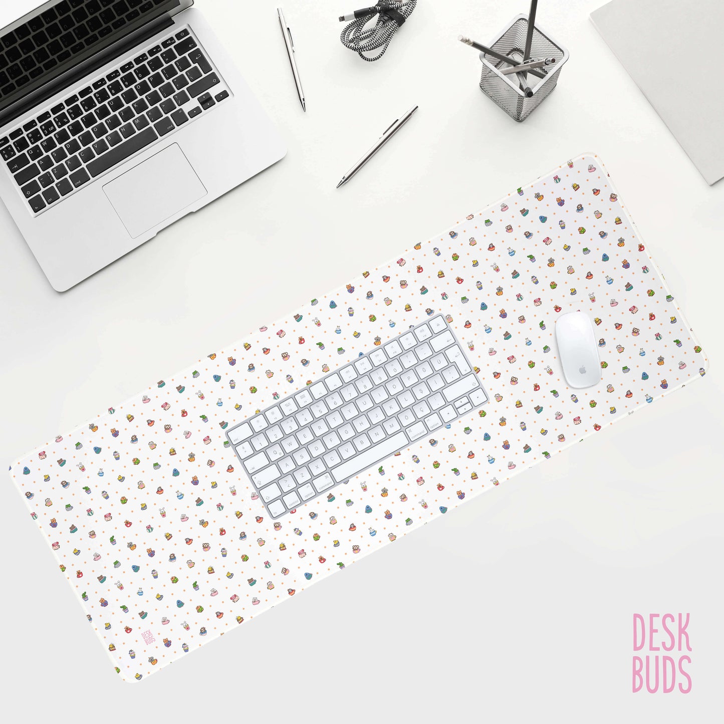 Cute animals in tea cups extra large desk mat