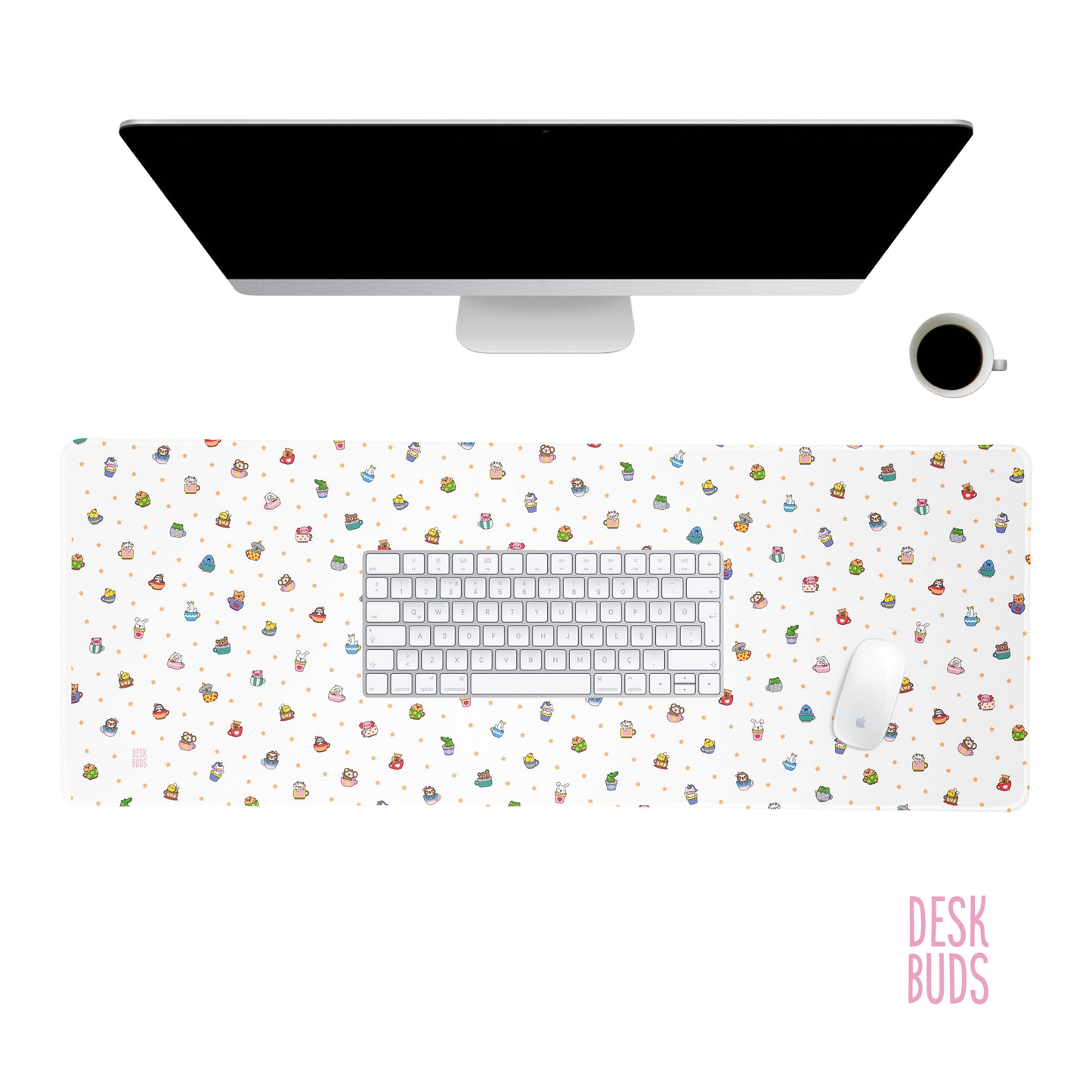 Cute animals in tea cups extra large desk mat