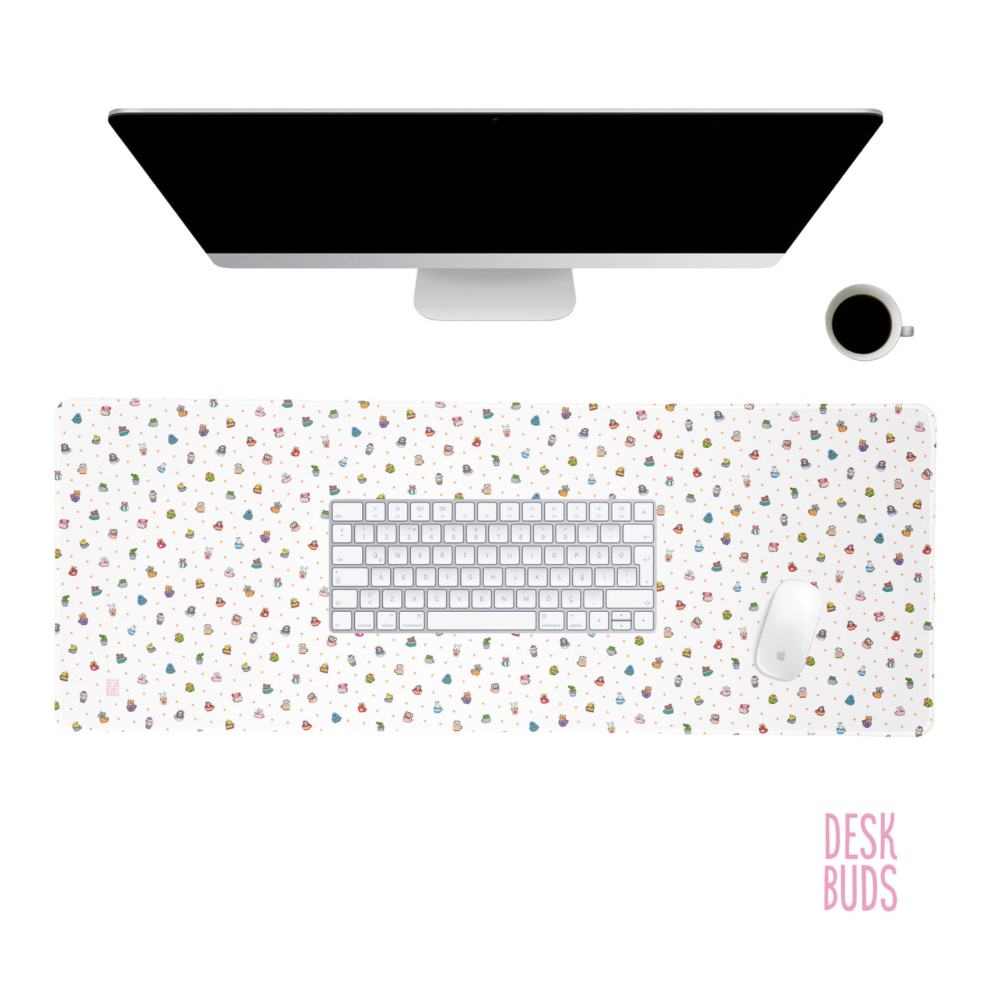 Cute animals in tea cups extra large desk mat
