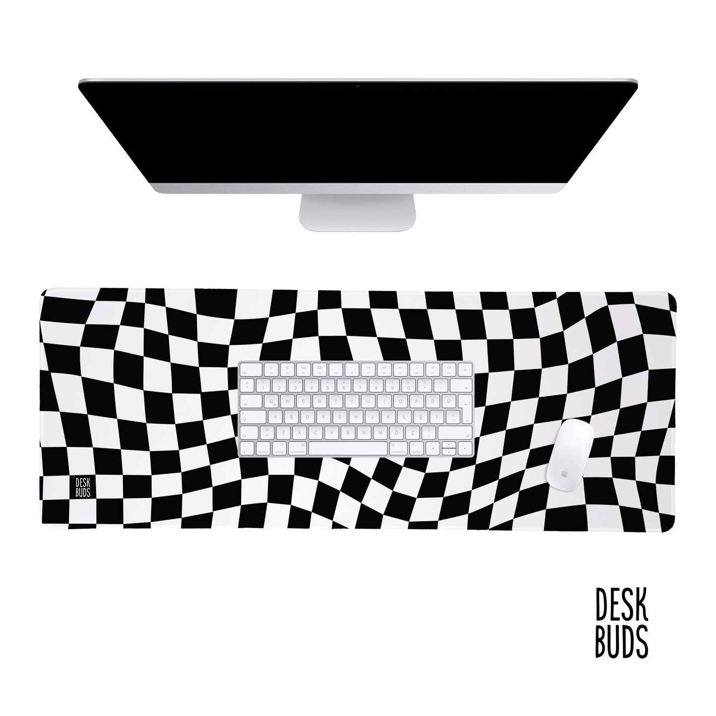 Monochrome warped checkerboard desk mat