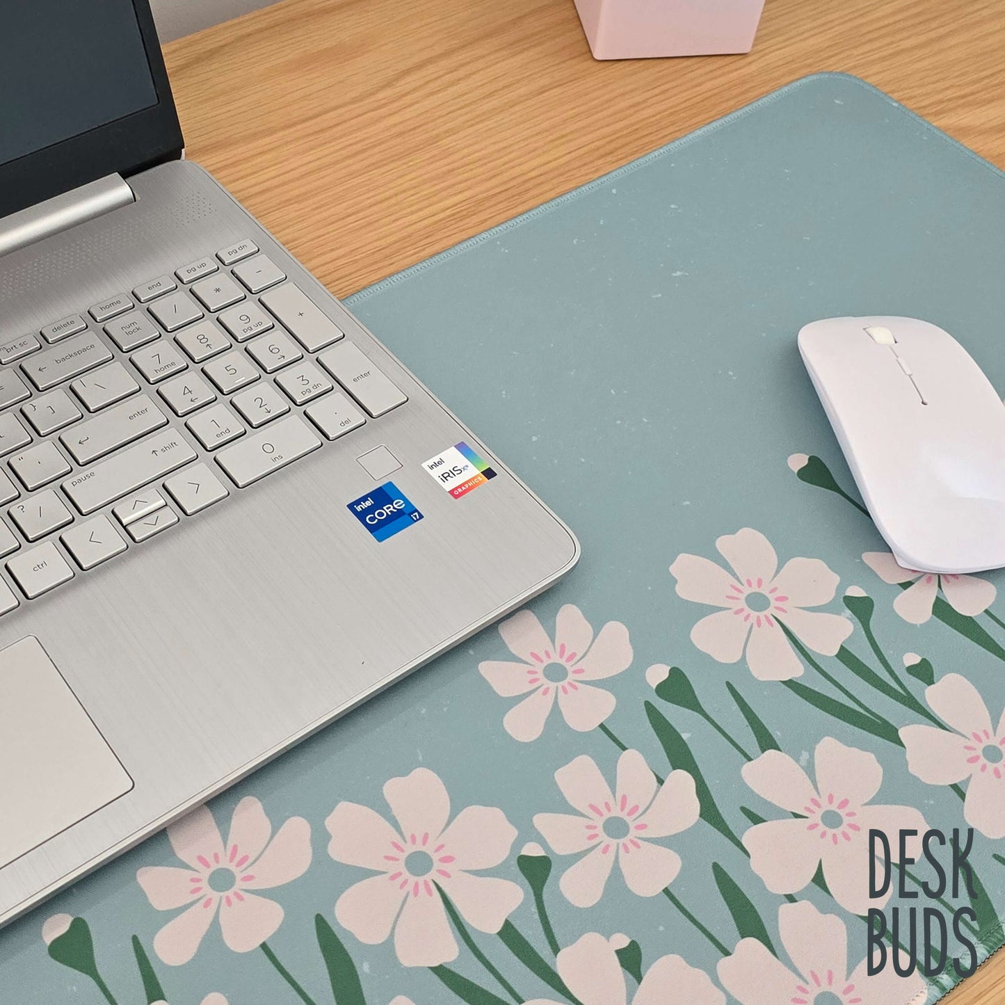 Floral Border Large Desk Mat - mint green with cream flowers
