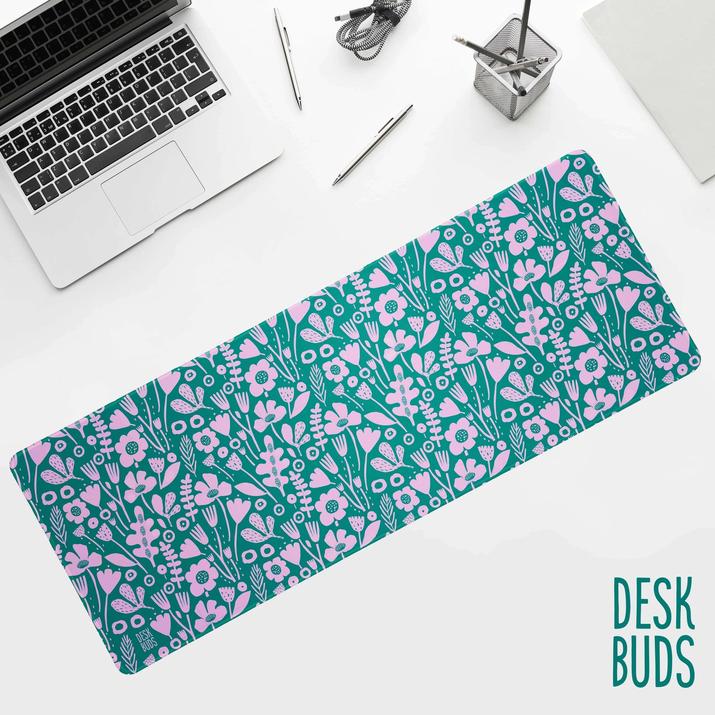 Abstract Floral large desk mat - teal and light purple (lavender) 80cm x 30cm