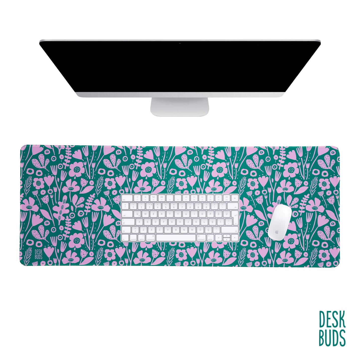 Abstract Floral large desk mat - teal and light purple (lavender) 80cm x 30cm