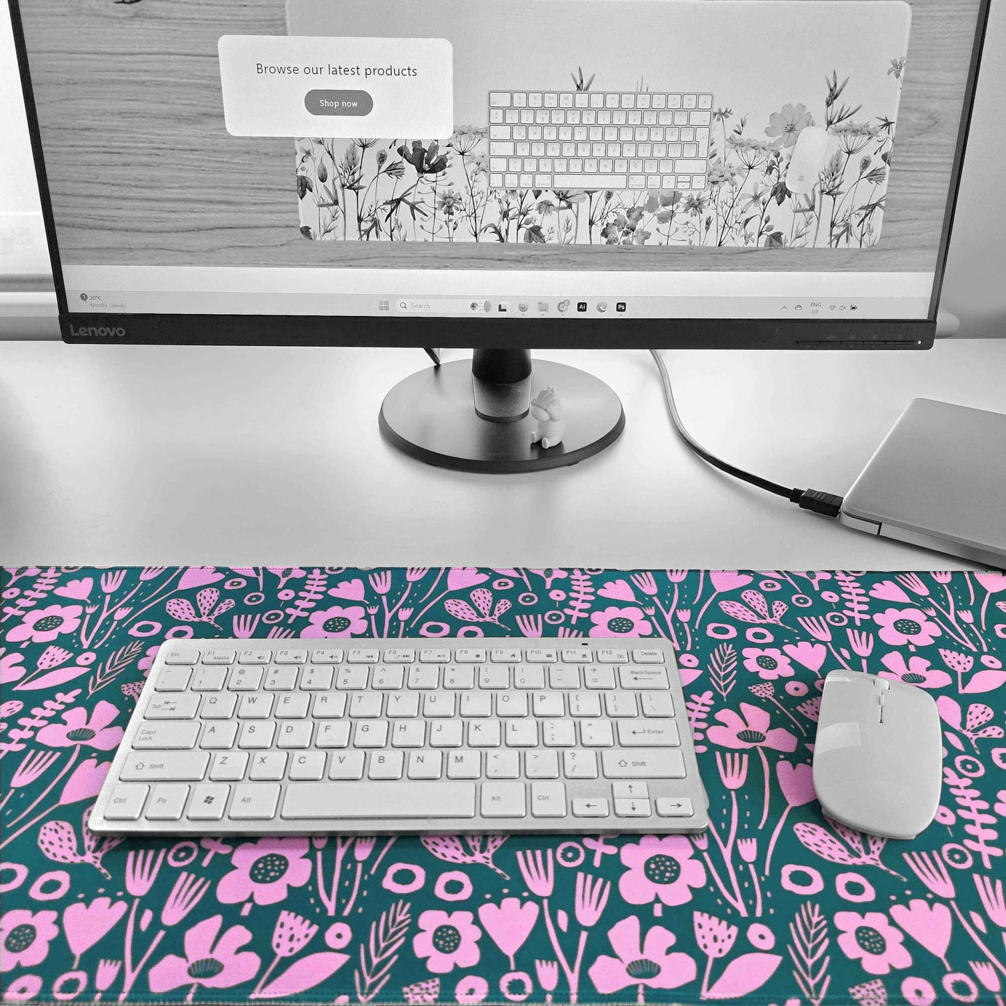 Abstract Floral large desk mat - teal and light purple (lavender) 80cm x 30cm