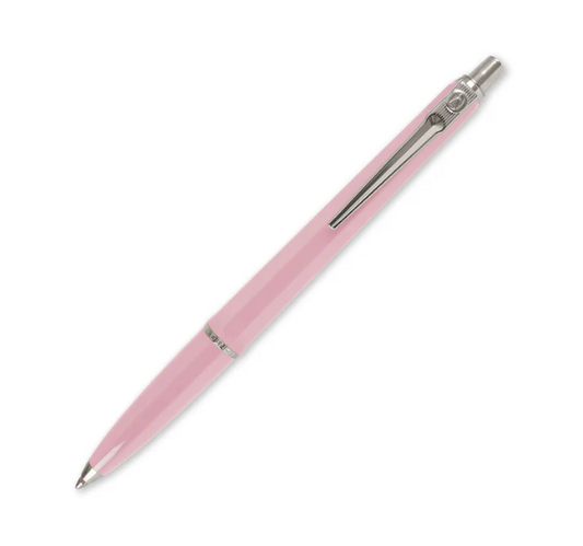 Pink pen with a silver clip on a white background