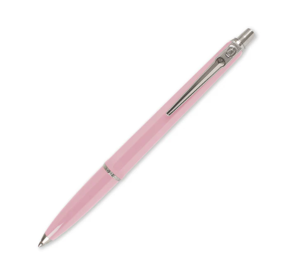 Pink pen with a silver clip on a white background