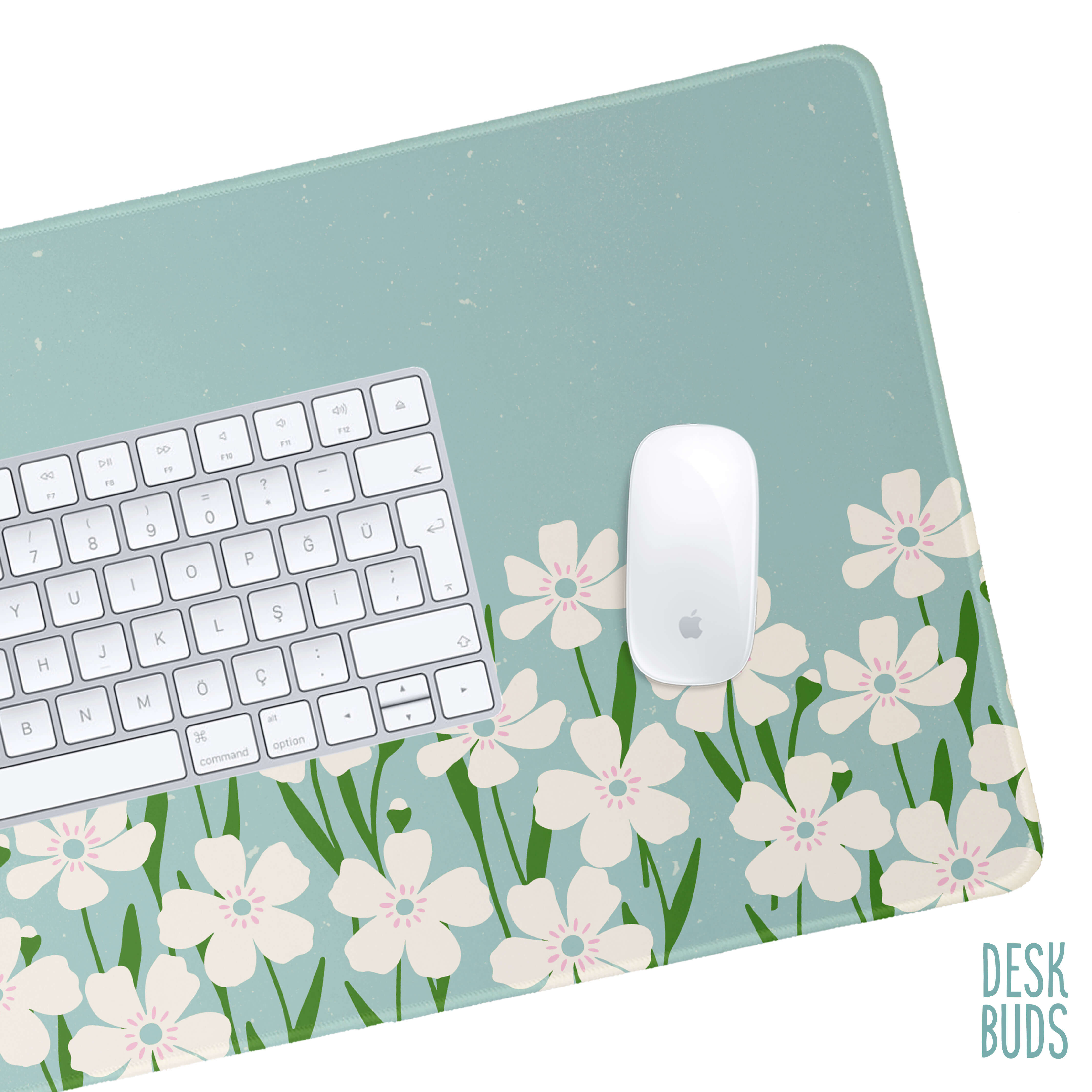 Floral Border Large Desk Mat - mint green with cream flowers – DeskBuds