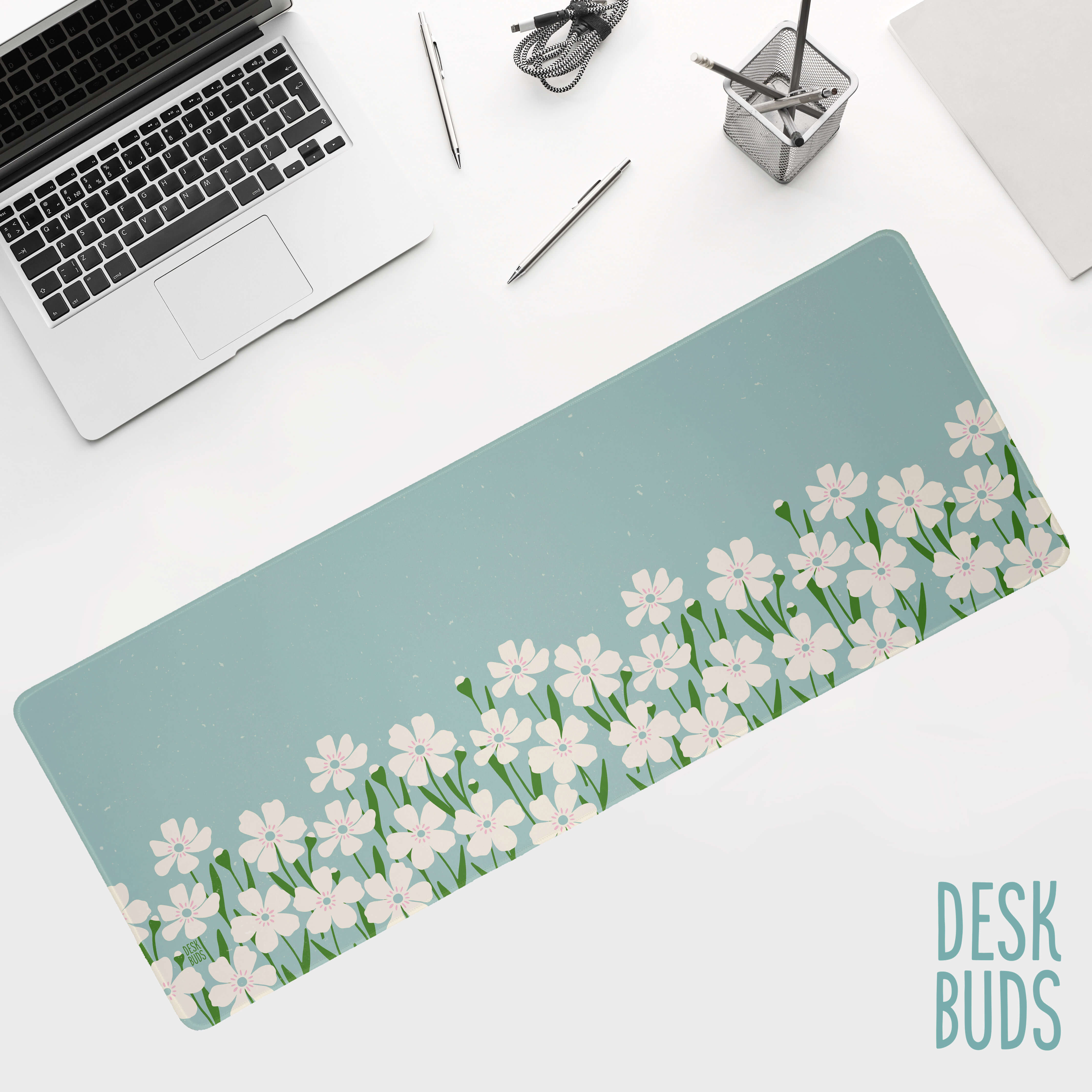 Floral Border Large Desk Mat - mint green with cream flowers – DeskBuds