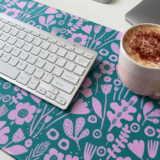 Abstract Floral large desk mat - teal and light purple (lavender) 80cm x 30cm