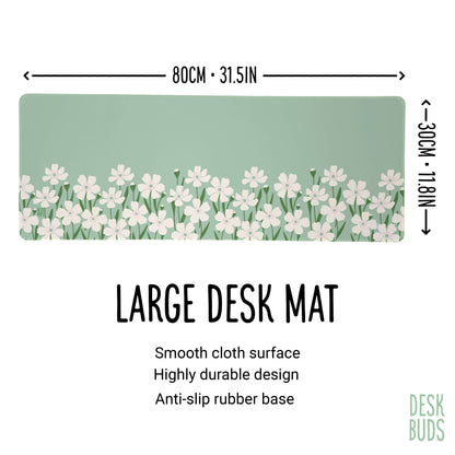 Floral Border Large Desk Mat - mint green with cream flowers - UPDATED DESIGN