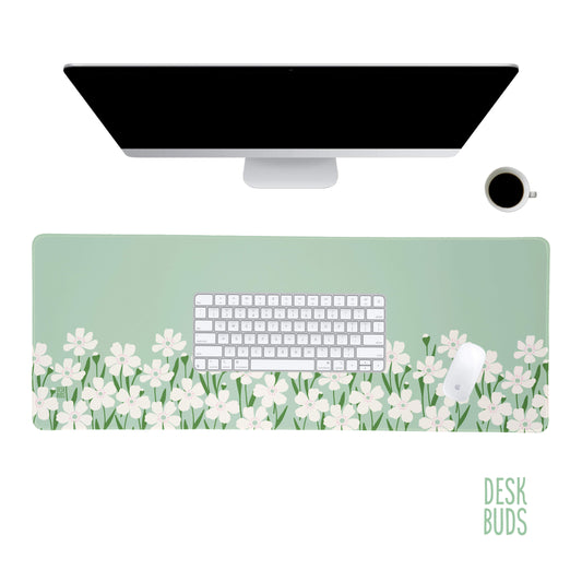 Floral Border Large Desk Mat - mint green with cream flowers - UPDATED DESIGN