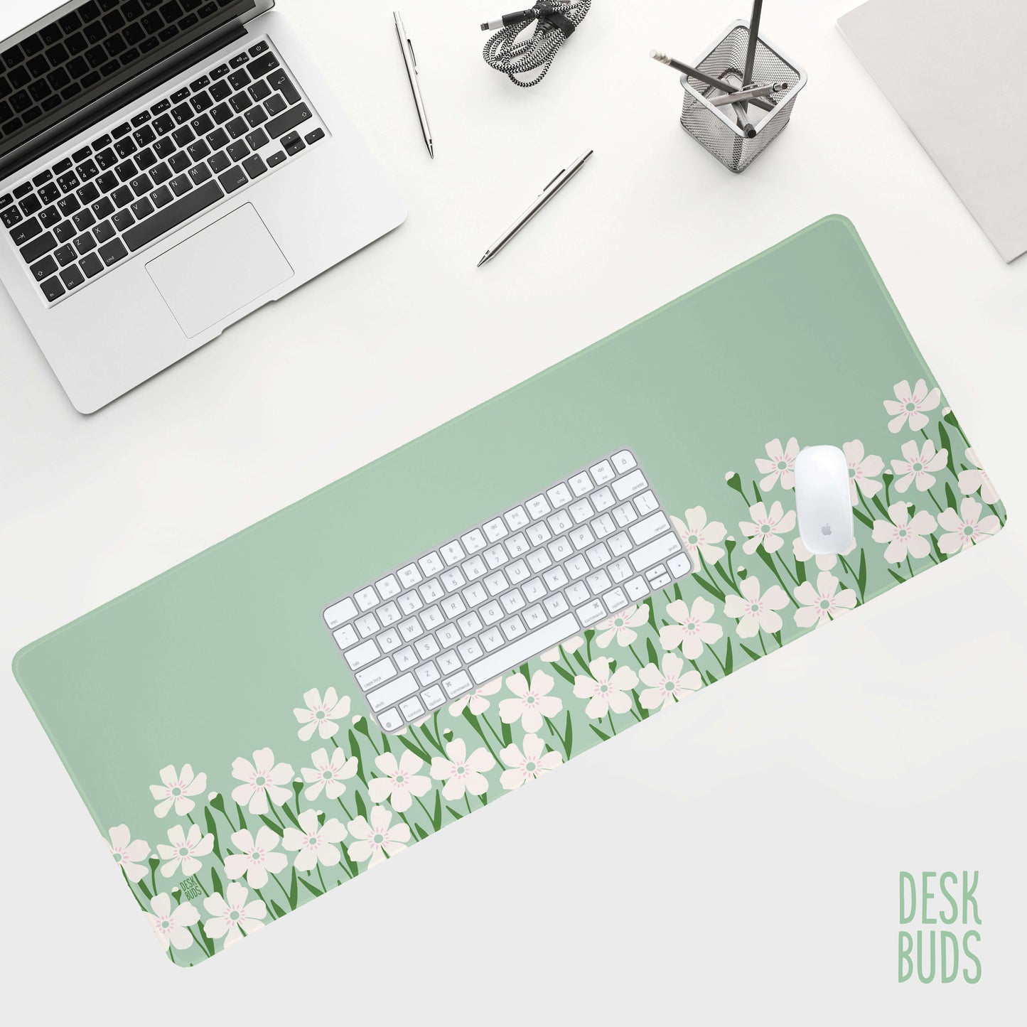 Floral Border Large Desk Mat - mint green with cream flowers - UPDATED DESIGN
