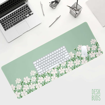 Floral Border Large Desk Mat - mint green with cream flowers - UPDATED DESIGN