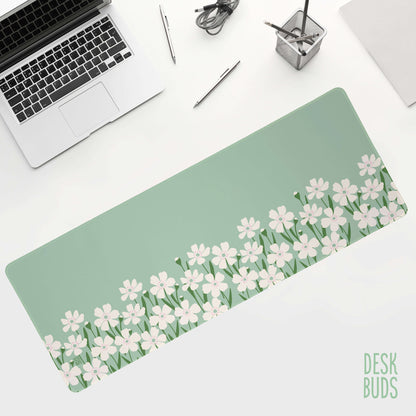 Floral Border Large Desk Mat - mint green with cream flowers - UPDATED DESIGN