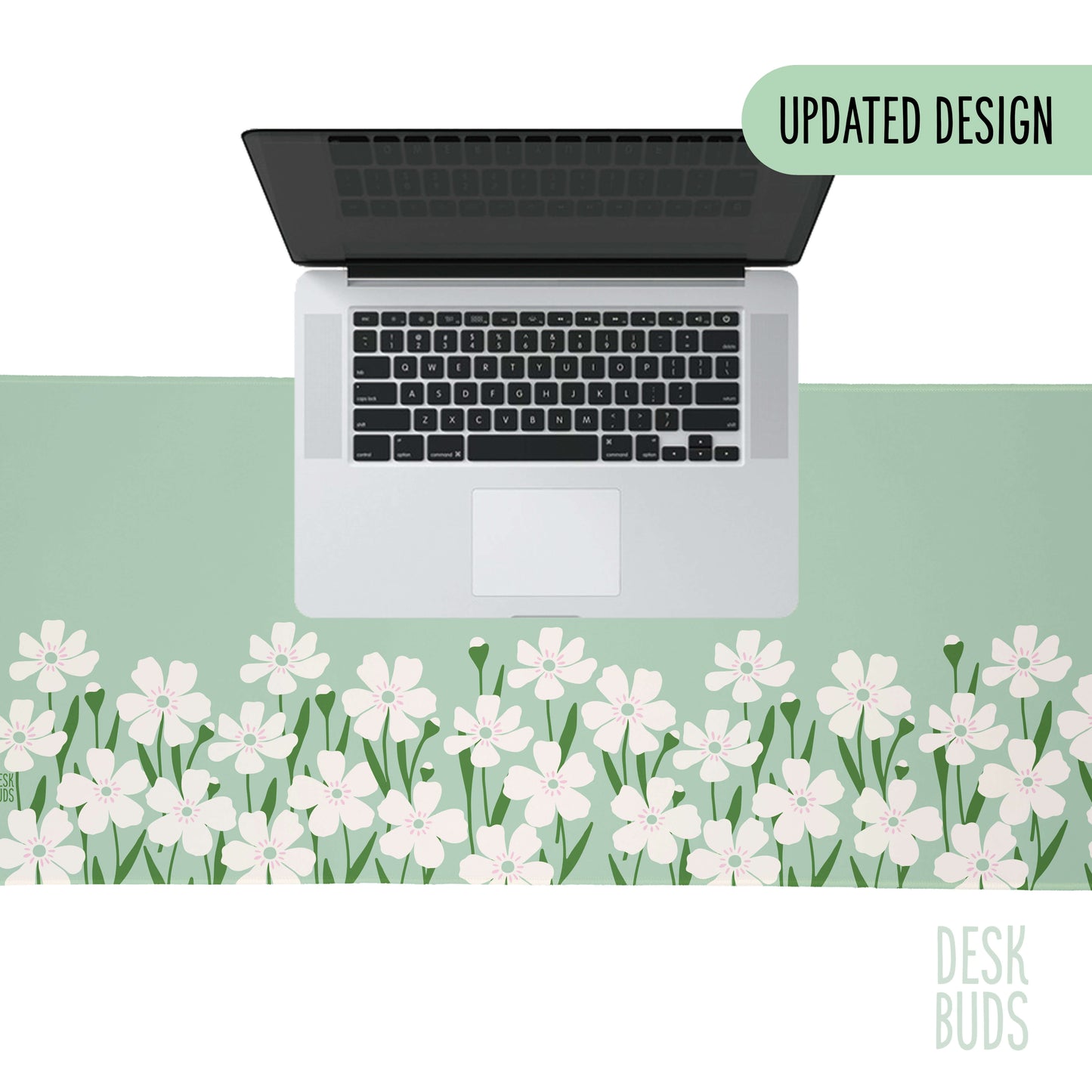 Floral Border Large Desk Mat - mint green with cream flowers - UPDATED DESIGN