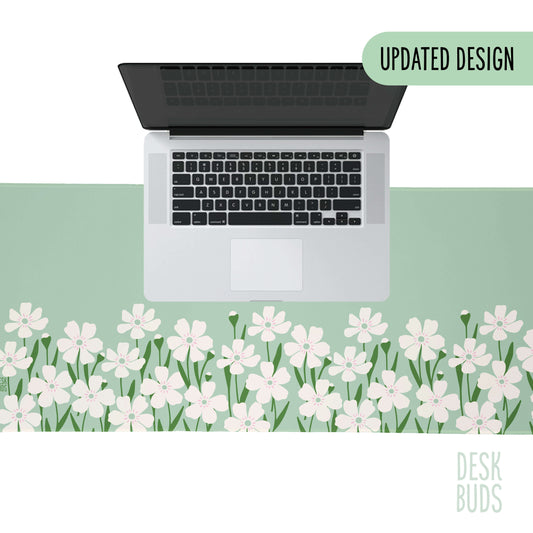 Floral Border Large Desk Mat - mint green with cream flowers - UPDATED DESIGN