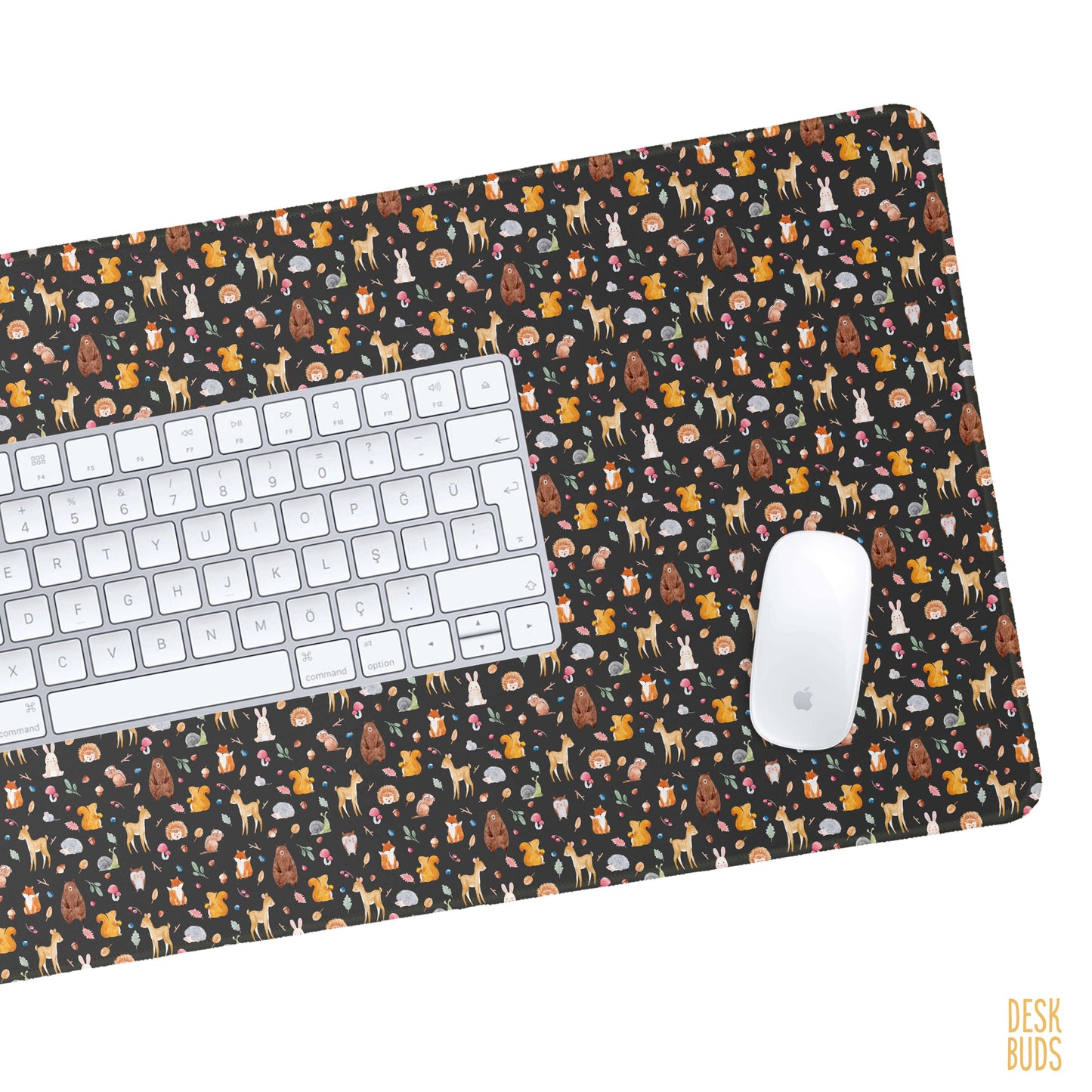 Watercolour woodland animals on a dark background extra large Desk Mat