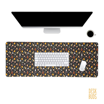 Watercolour woodland animals on a dark background extra large Desk Mat