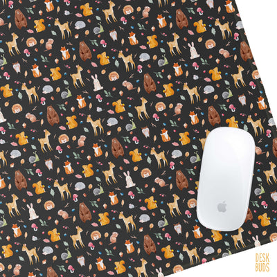 Watercolour woodland animals on a dark background extra large Desk Mat