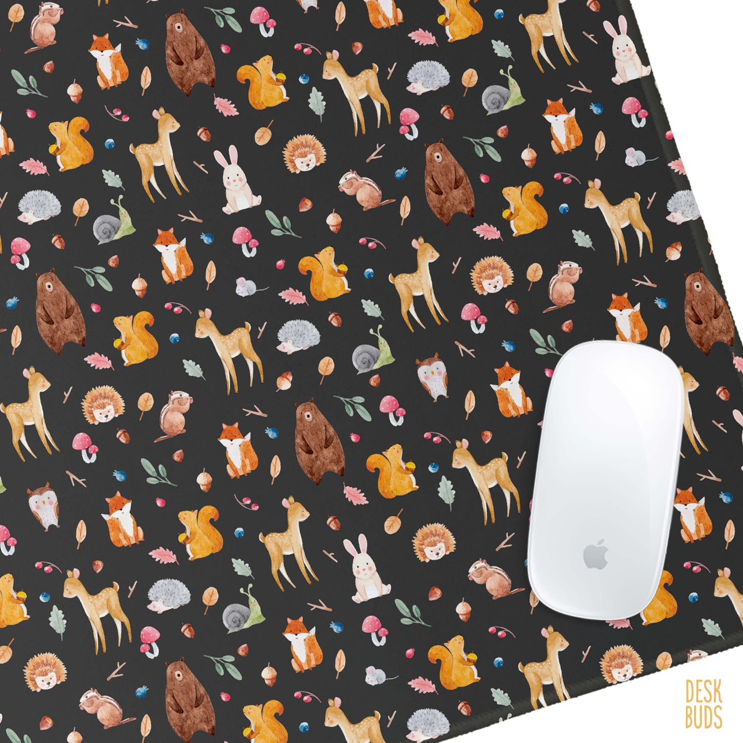 Watercolour woodland animals on a dark background extra large Desk Mat