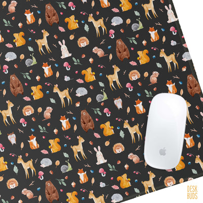 Watercolour woodland animals on a dark background extra large Desk Mat