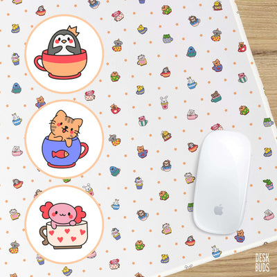 Cute animals in tea cups extra large desk mat