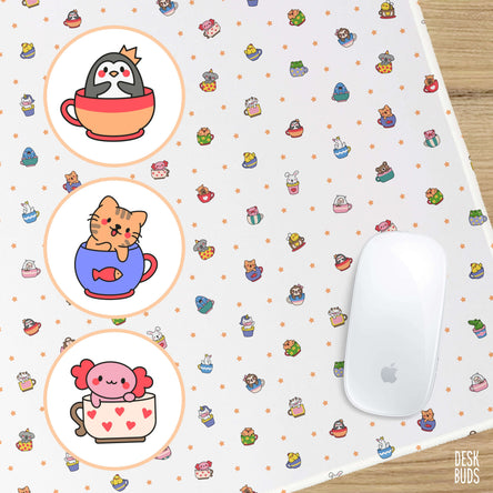 Cute animals in tea cups extra large desk mat