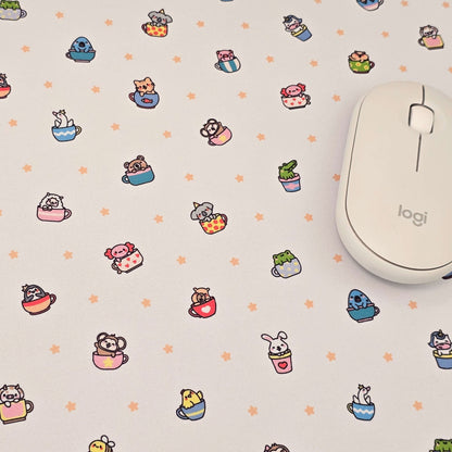 Cute animals in tea cups extra large desk mat