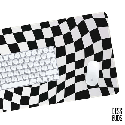 Monochrome warped checkerboard desk mat