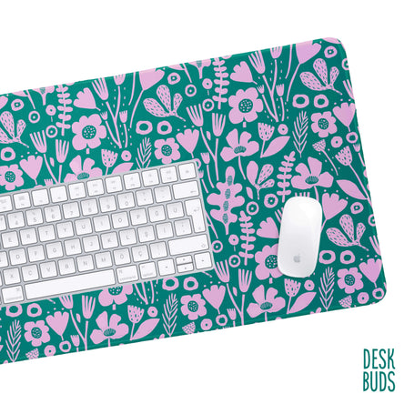 Abstract Floral large desk mat - teal and light purple (lavender) 80cm x 30cm