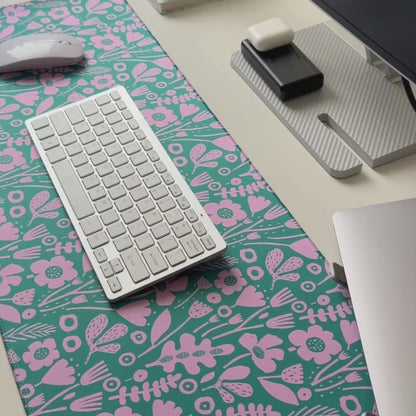 Abstract Floral large desk mat - teal and light purple (lavender) 80cm x 30cm